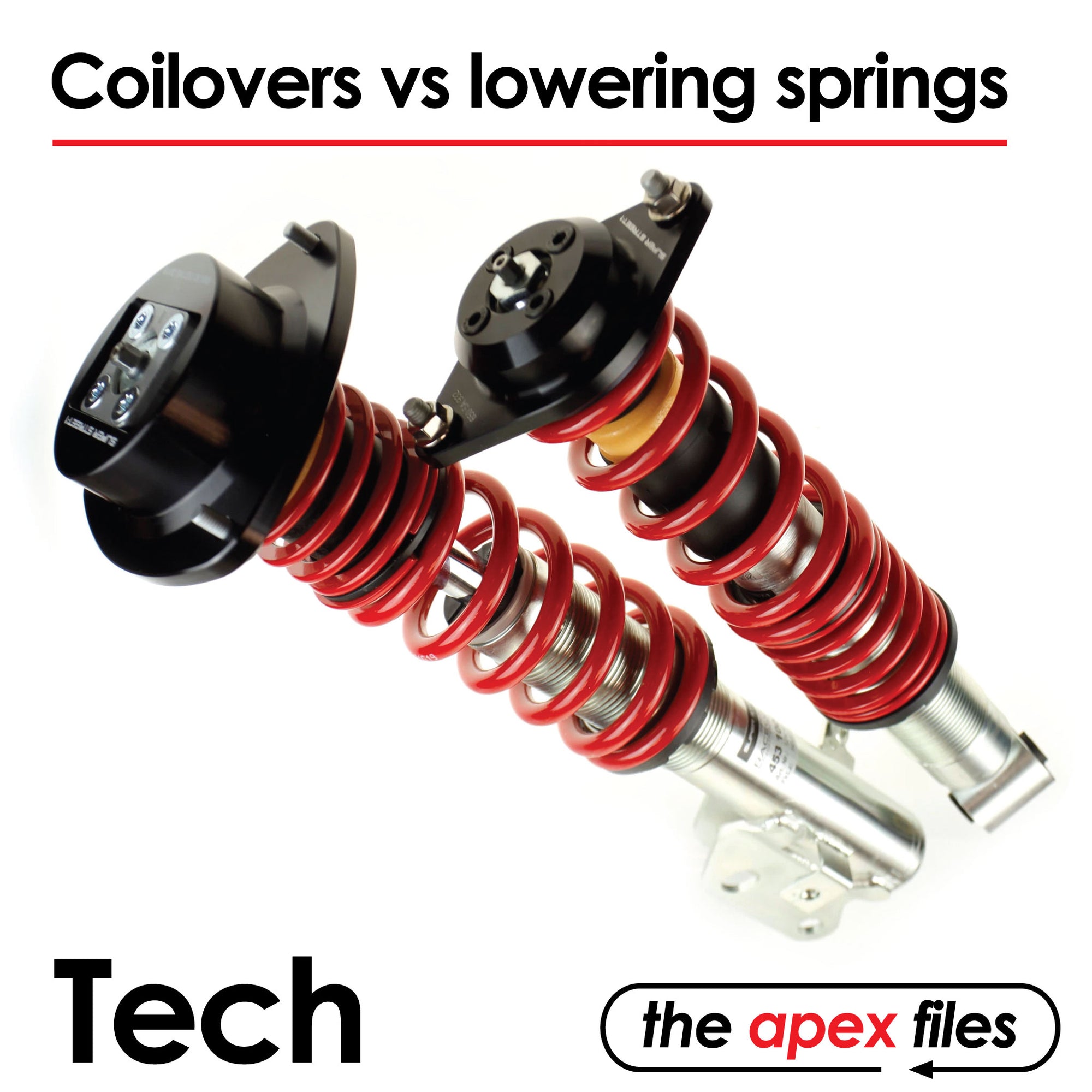 Front and rear coilover body with text "Coilovers vs lowering springs"